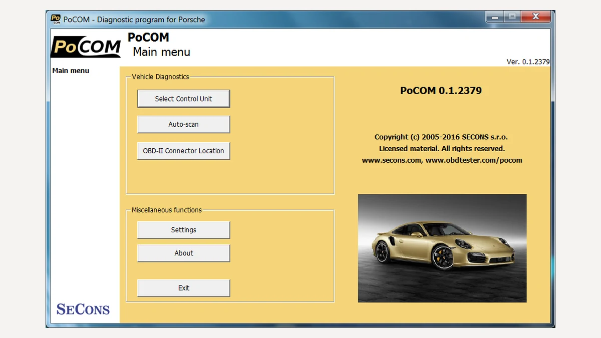 PoCOM Porsche diagnostic software main menu