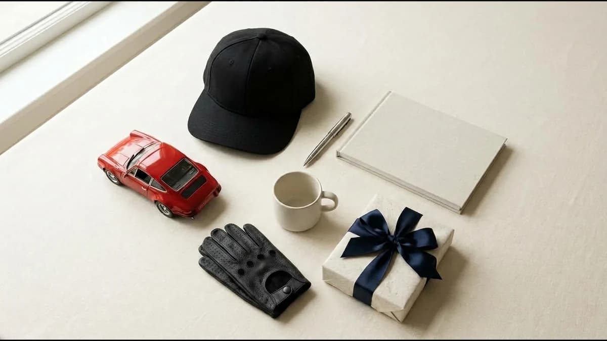 Porsche enthusiast gift ideas arranged with a red sports car model, driving glove, cap, pen, book, coffee cup, and wrapped present