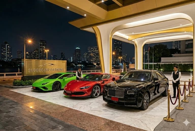 Lamborghini, Ferrari and Rolls-Royce parked under a supercar valet canopy with the Bangkok skyline behind