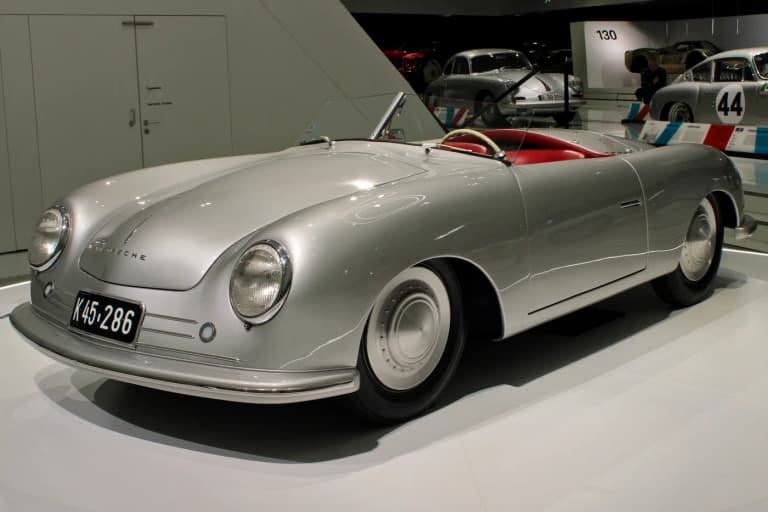 Silver Porsche 356 No. 1 roadster, the first car to wear the Porsche name, on display