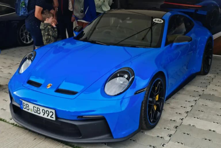 Shark Blue Porsche 992 911 GT3, front three-quarter view, one of the most popular modern Porsche 911 colors