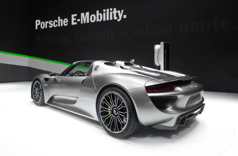 Silver Porsche 918 Spyder rear three-quarter view at the 2013 Frankfurt Motor Show