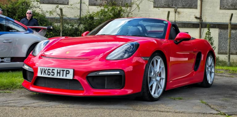 Silver 2015 Porsche Boxster Spyder at Bicester Heritage Scramble in England