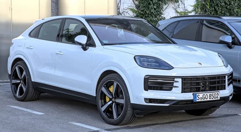 White facelift Porsche Cayenne Coupe, front three-quarter view