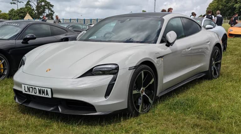 Chalk Porsche Taycan Turbo S at a car show