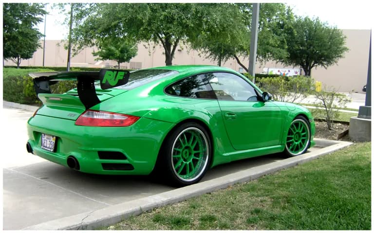 Green RUF RGT rear three-quarter view showing the RUF-branded rear wing