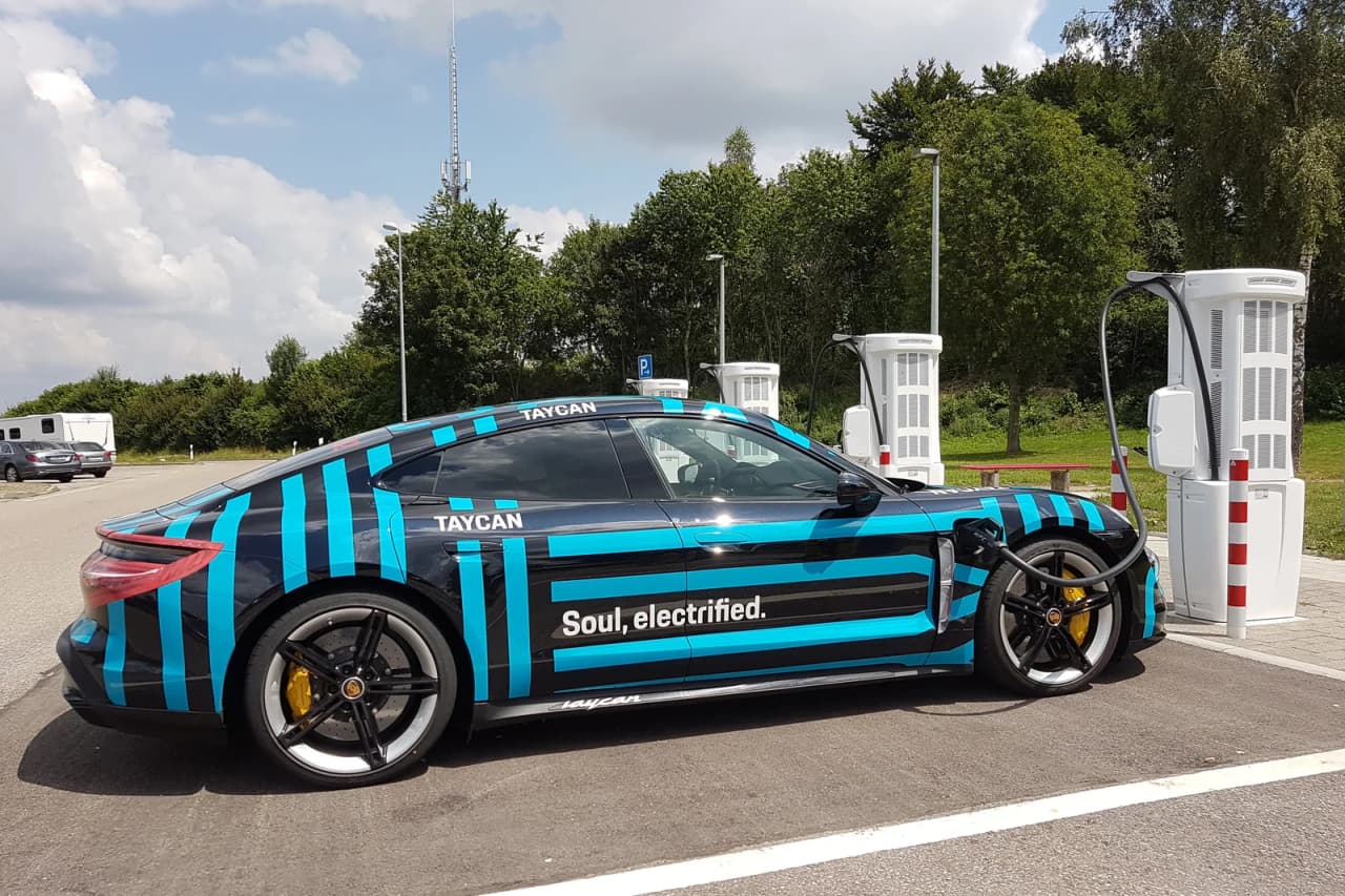 Porsche Taycan connected to a charging station