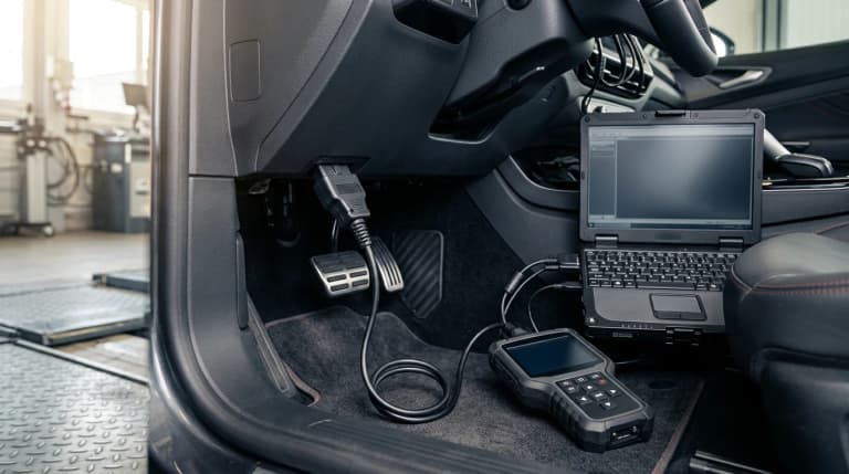 Illustration of a diagnostic scan tool connected to a sports car OBD2 port