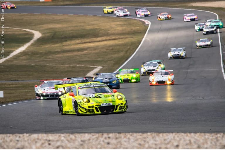 Manthey Racing Porsche 991 GT3 R leading the field at the Nürburgring