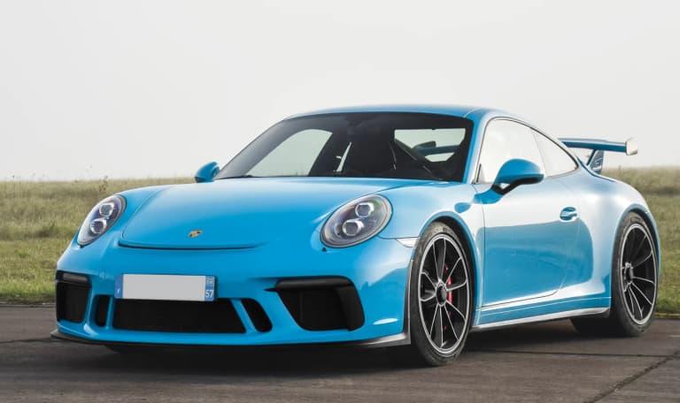 Bright blue Porsche 991 911 GT3, front three-quarter view