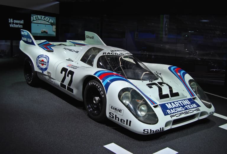 White Porsche 917K number 22 in Martini Racing livery on display