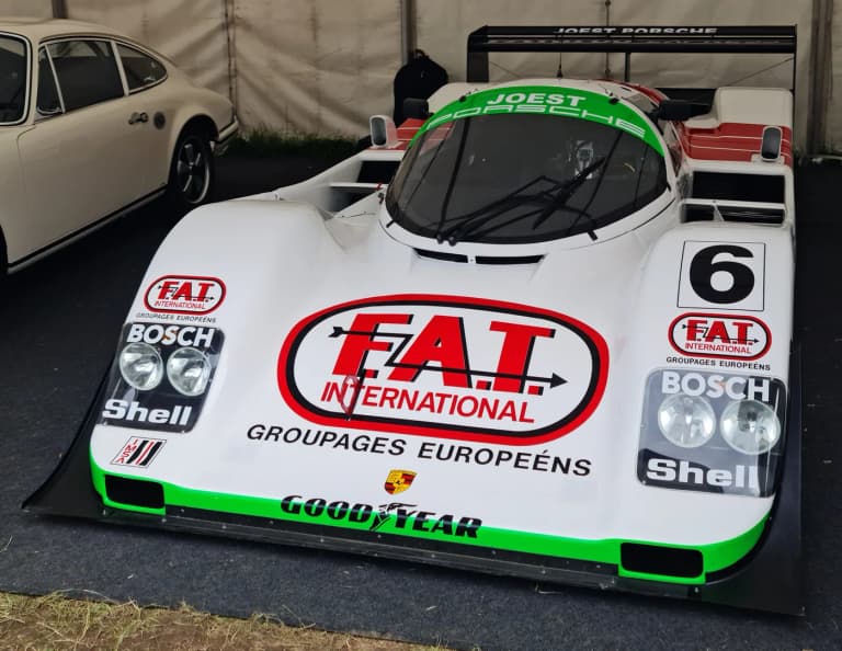 White and green F.A.T. International Joest Racing Porsche 962C front view