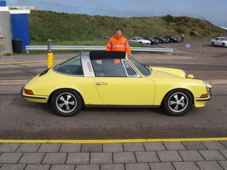 Yellow Porsche 911 long hood Targa, side profile