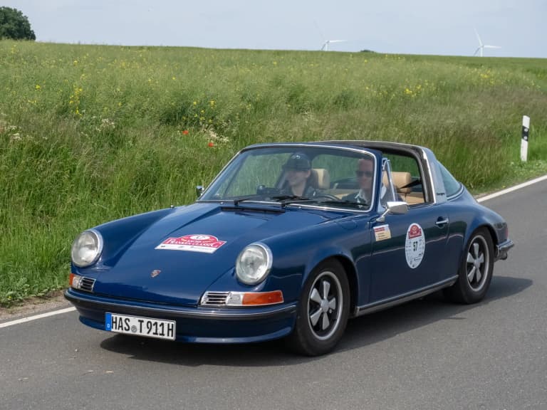 Blue Porsche 911 2.4 S Targa with chrome bumpers