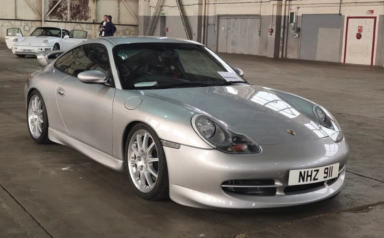 Silver Porsche 996 GT3, the first road car to use the naturally aspirated Mezger engine