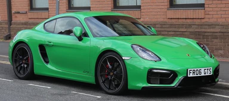 Green 2015 Porsche 981 GTS viewed from the front