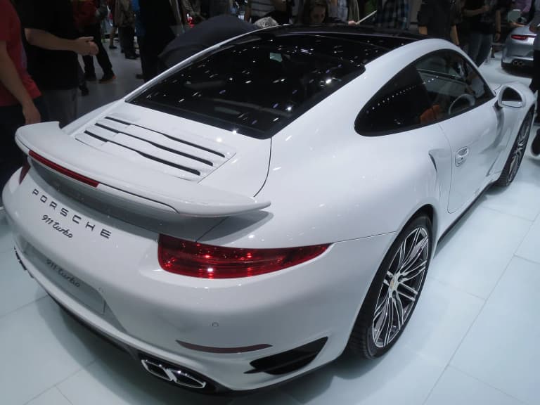 Rear three-quarter view of a standard Porsche 991 Turbo at IAA 2013. Not a conversion.