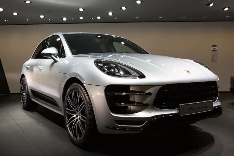 First-generation combustion Porsche Macan Turbo displayed at the 2017 Frankfurt motor show.