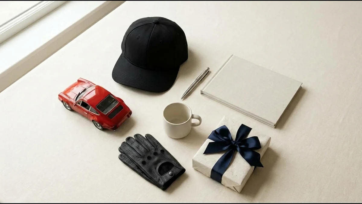 Porsche enthusiast gifts arranged around a red sports car model