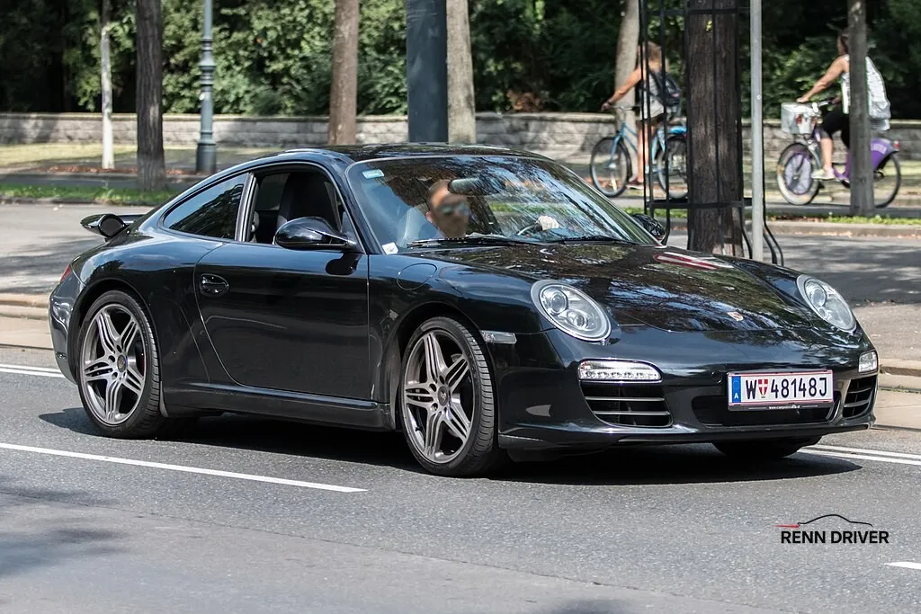 Porsche 997.2 in black on a city street