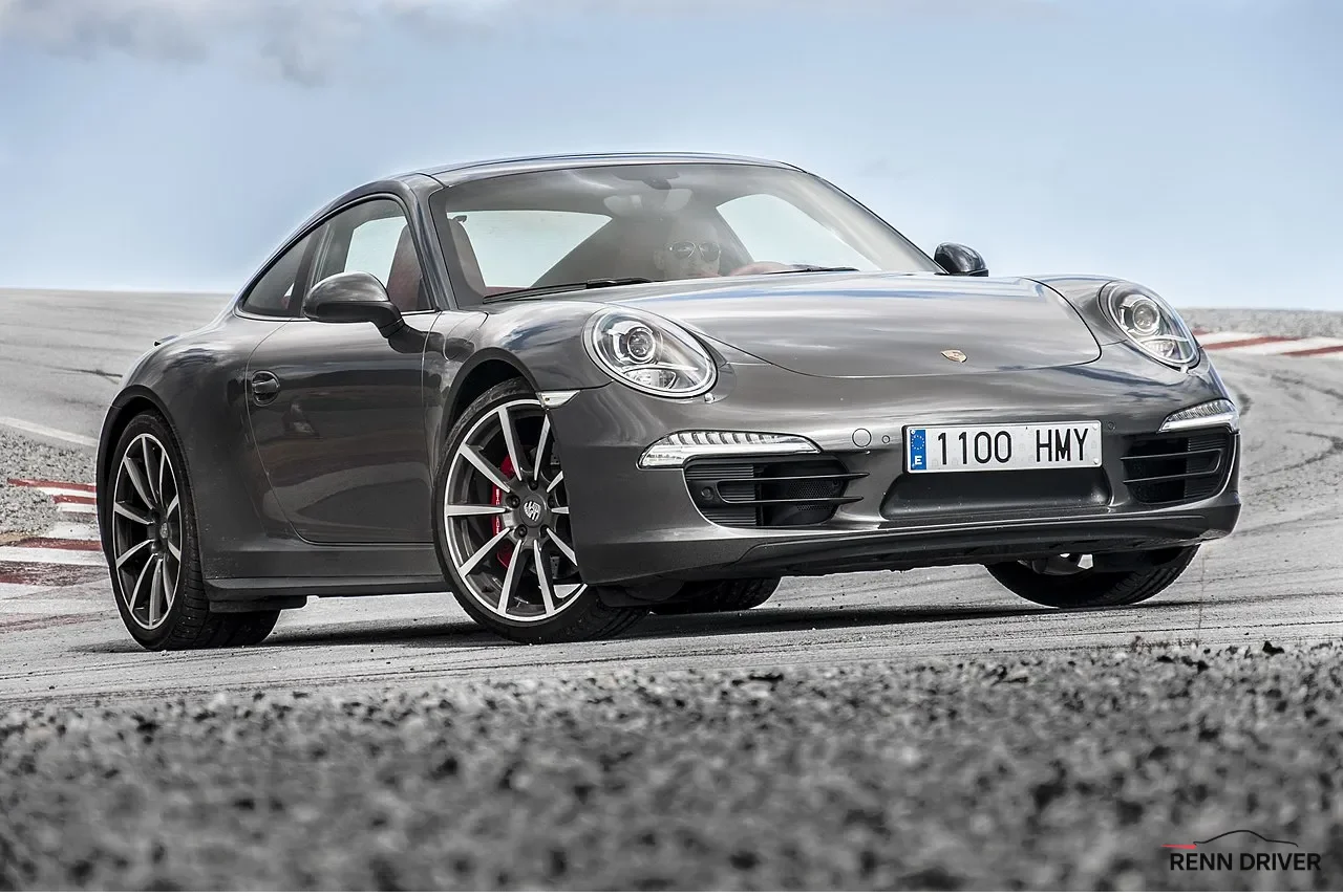 Silver Porsche 991 Carrera coupe from the front