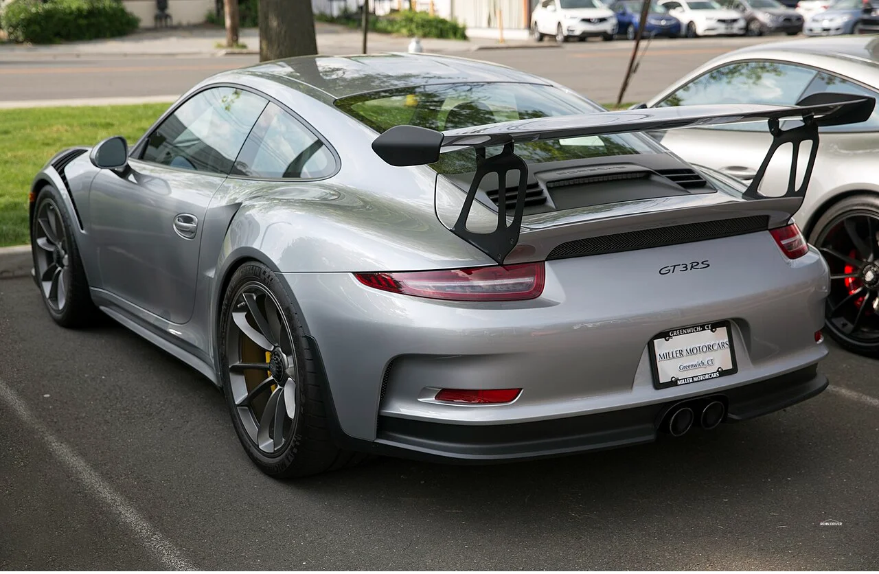 Porsche 991 GT3 RS rear three-quarter view showing rear wing