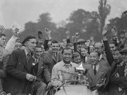 Prince Bira with the winners trophy at Crystal Palace, 1937