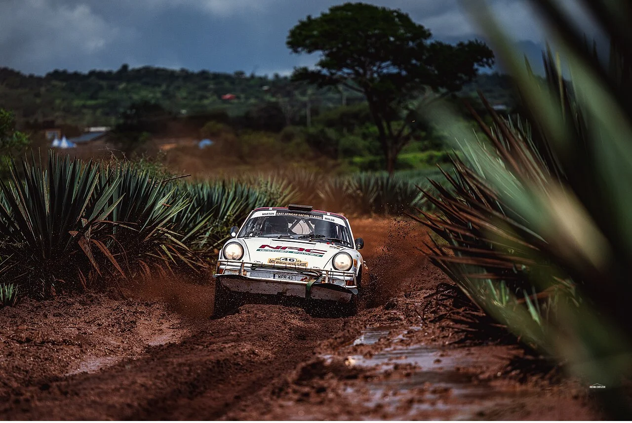 Porsche 911 SC competing in the East African Safari Classic Rally 2023