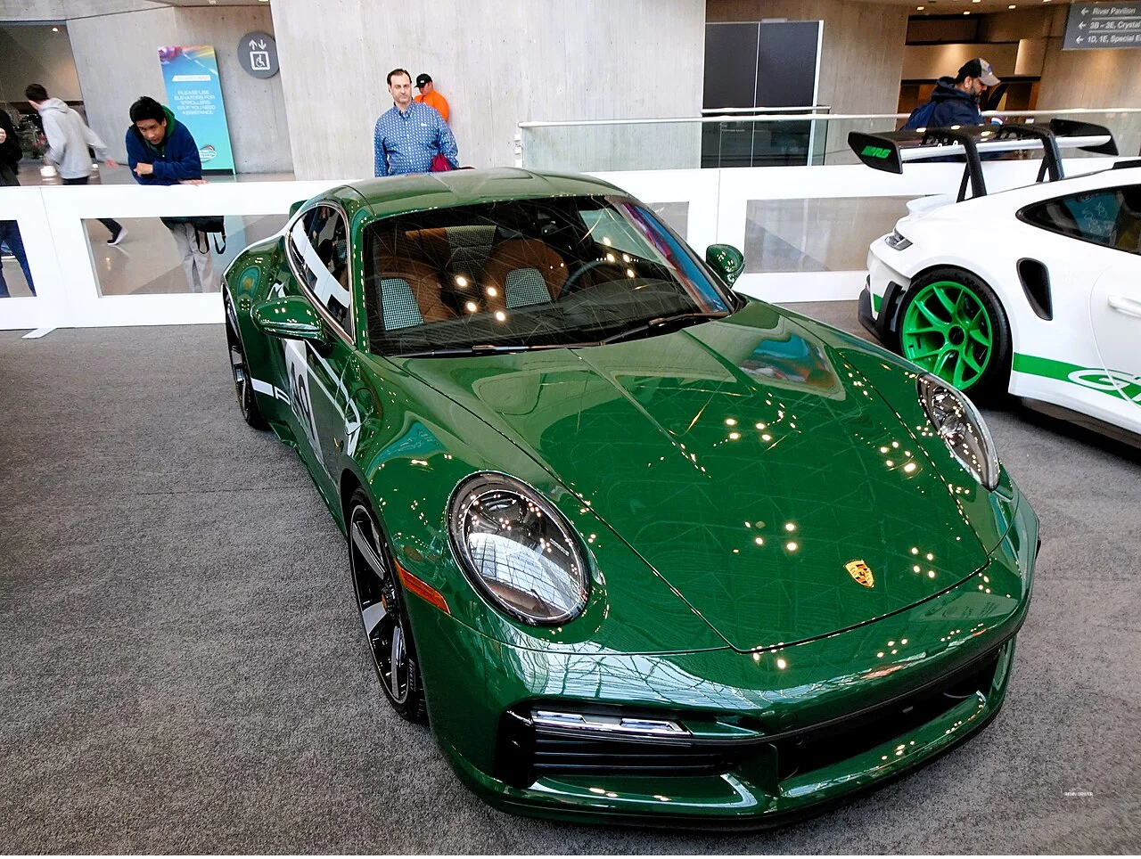 Green Porsche 911 Sport Classic on display