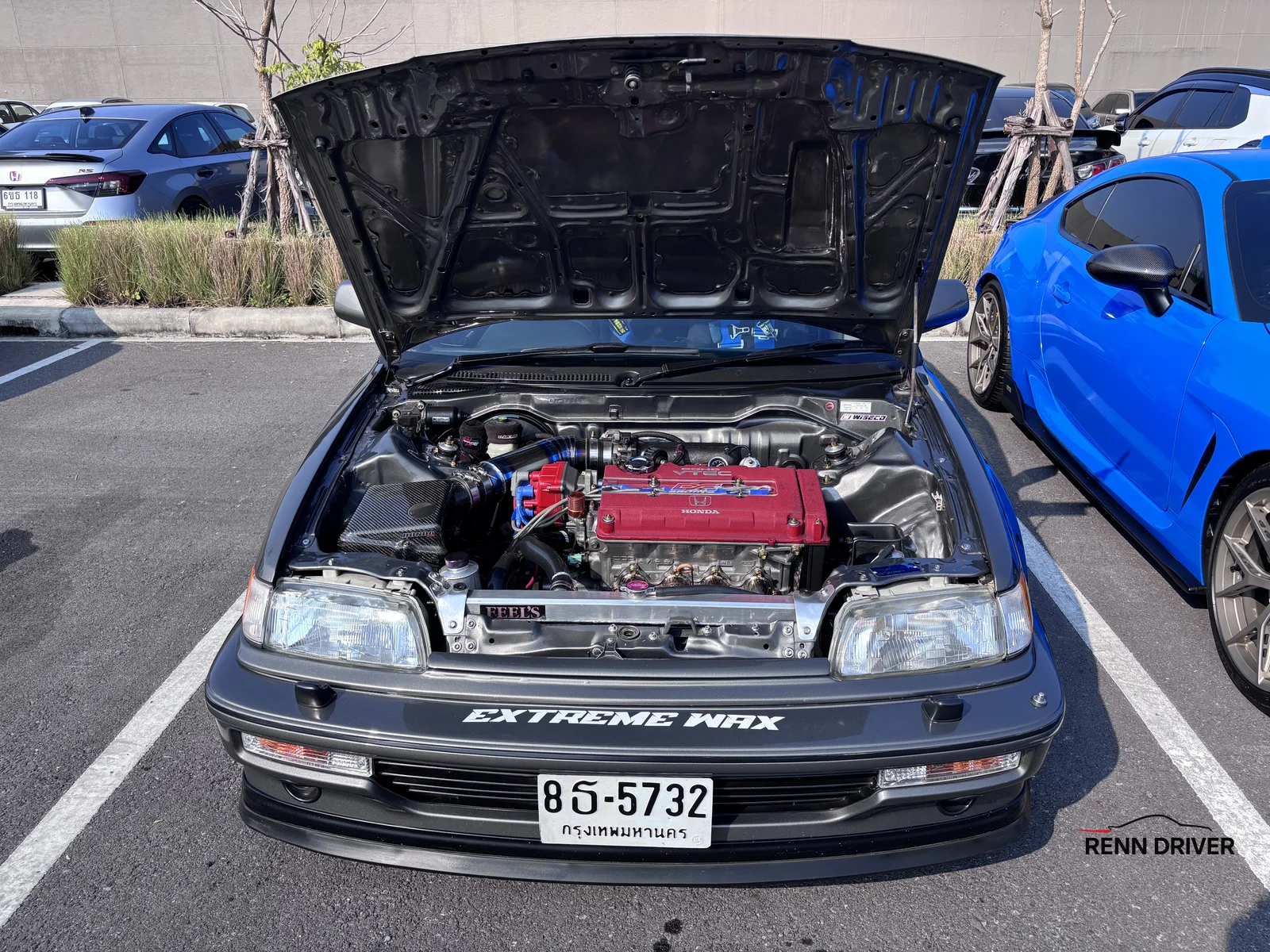 Honda Civic EF engine bay with red valve cover