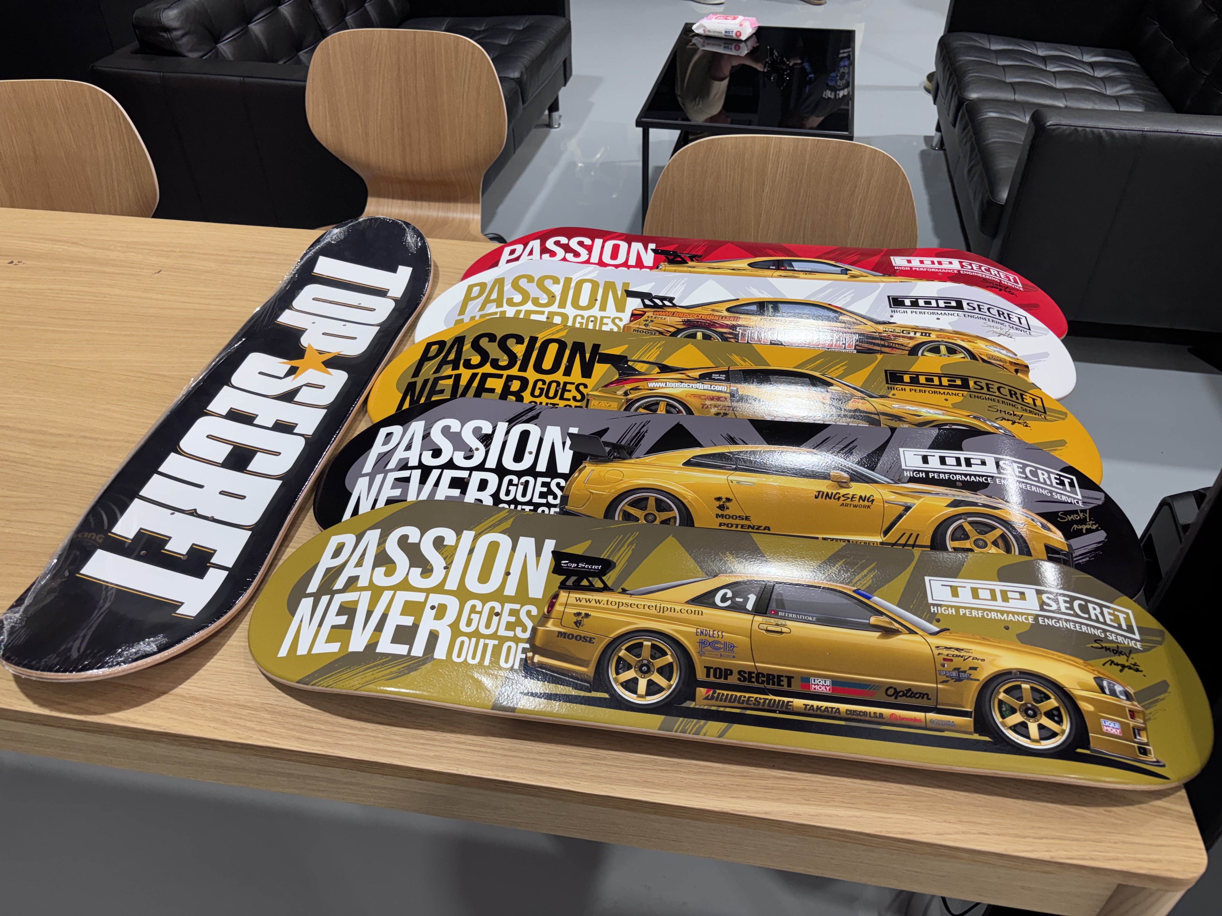 Top Secret branded skateboards and posters on display